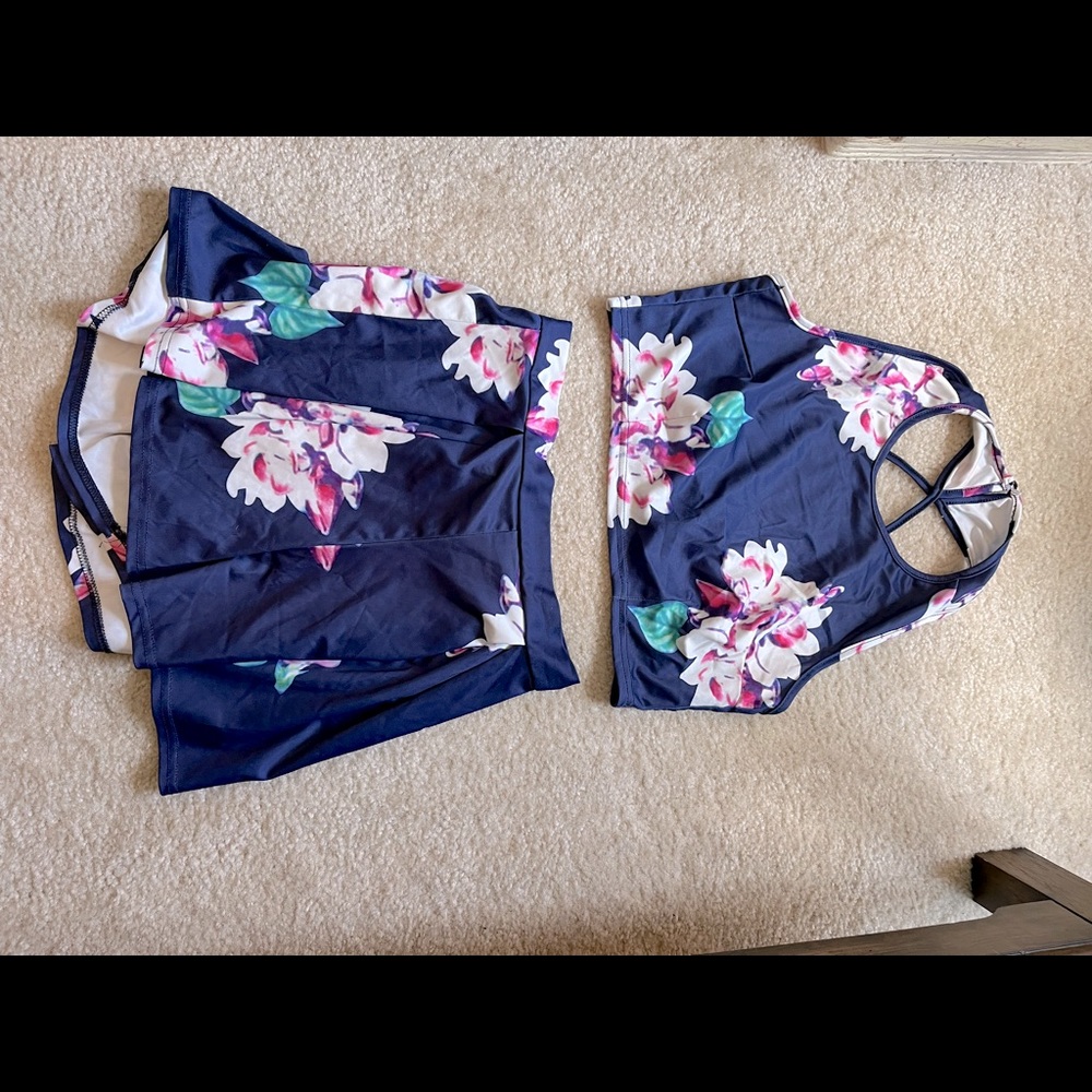 Beautiful two piece shorts and crop top navy blue floral outfit.